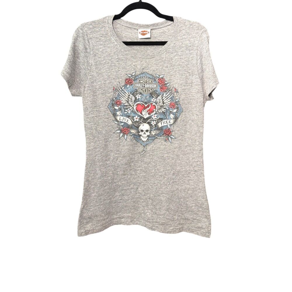 Harley-Davidson 2014 Skull Rose Heart Y2K Wing Short Sleeve Shirt Size XL